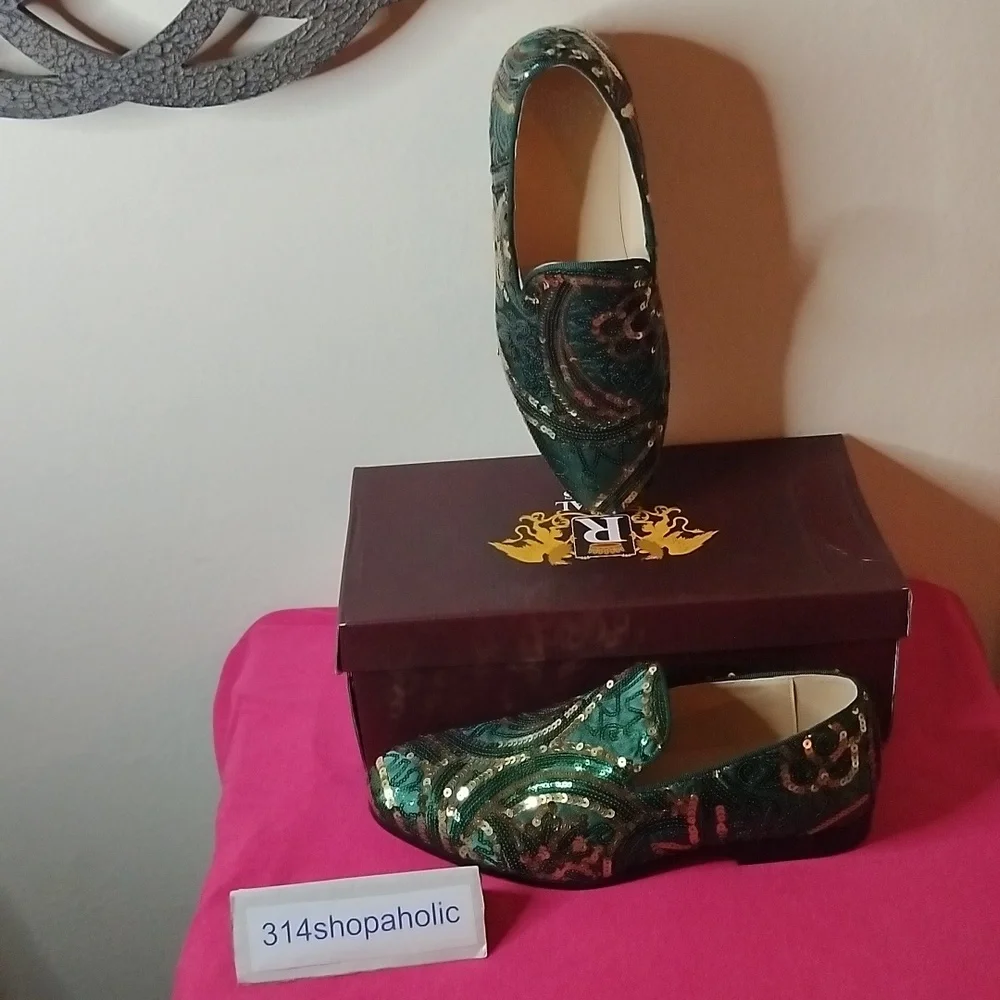 Mens Green / Gold Sequin Loafers - Picture 3 of 6